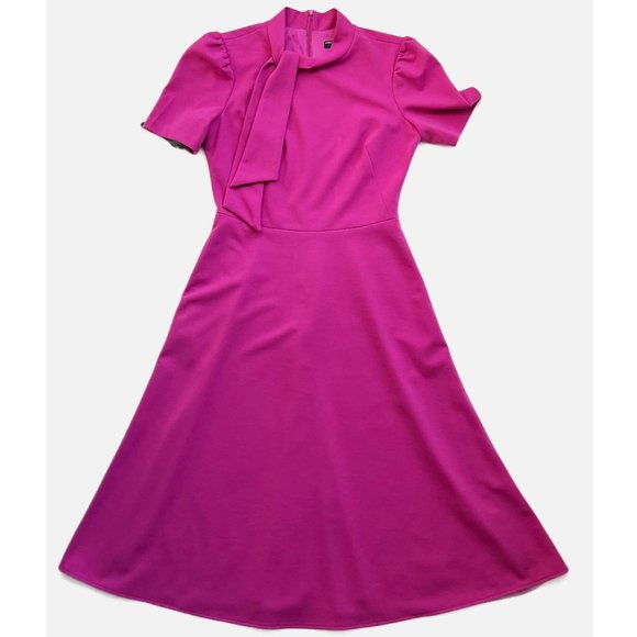 Maggy London Short Sleeve Necktie Midi Retro Dress, Magenta/Pink, Size 4 - Picture 2 of 10